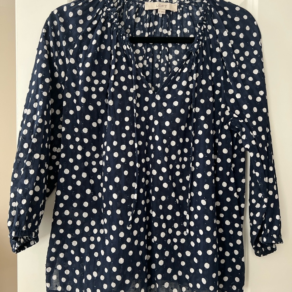 LOFT Dark Blue Polka Dot Blouse